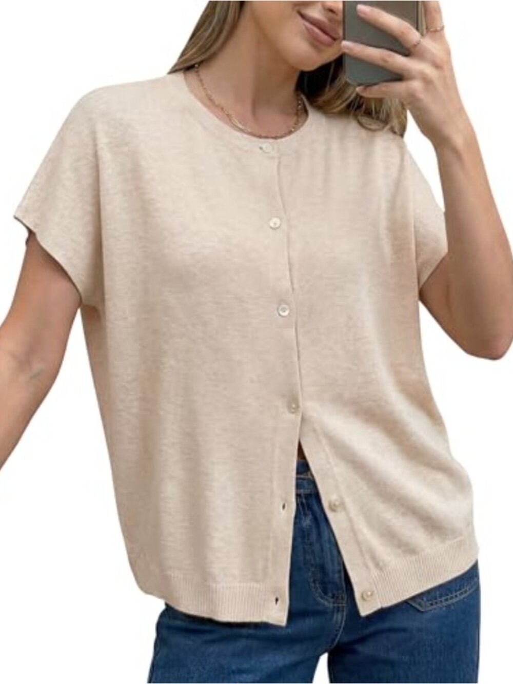 Soft Oversized Wool Blend Crew Neck Short Sleeve Cardigan